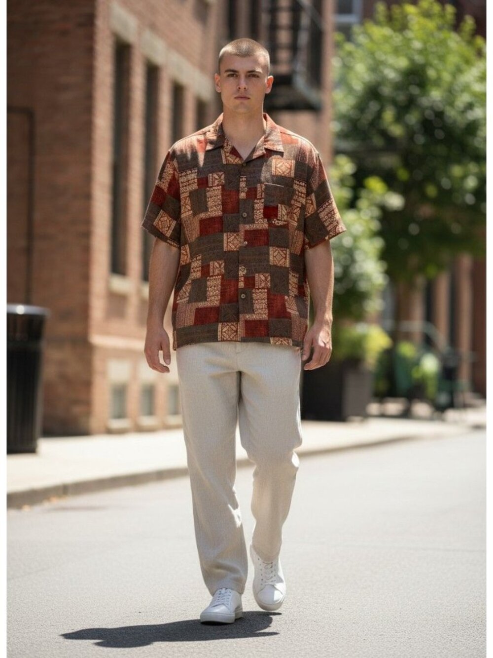 Caribbean Mens L Hawaiian Shirt 100% Rayon Brown Rust Geometric Print Short Slee